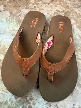 Flojos Brown Flip Flop Sandals with Floral Liner